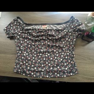 Gray Floral Off-Shoulder Cropped Tee